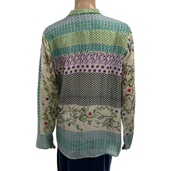 Johnny Was Silk Multi Pattern Collared Long Sleeve Blouse S - Picture 6 of 8